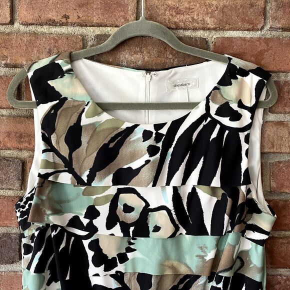 Dressbarn Abstract Print Layered Ruffle Sleeveless Dress Black Green 16 - Picture 2 of 10